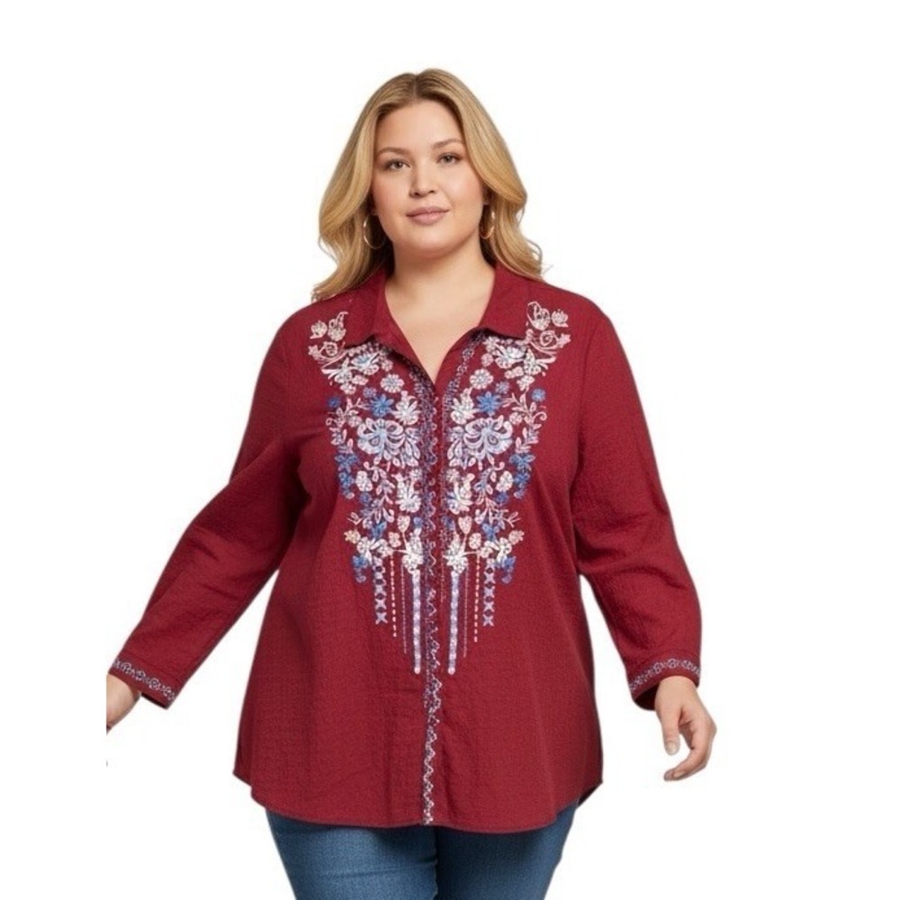 Andree by Unit Embroidered Tunic Blouse Top Floral 2X Button Up Boho Peasant Red
